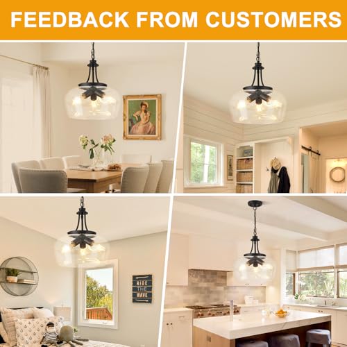 14.2" Black Chandelier, 3-Light Modern Ceiling Pendant Light Fixtures, Farmhouse Dining Room Light Fixtures Over Table, Industrial Pendant Lights Kitchen Island for Bedroom, Hallway, Foyer, Entryway