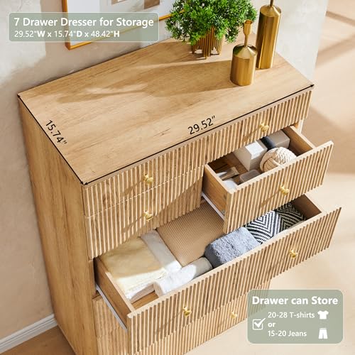 wow97e Fluted 7 Drawer Dresser for Bedroom, 48" Tall Natural 7 Drawer & Chests of Drawers, Wood Modern Chest of Drawers with Deep Storage for Bedroom, Closet Hallway, Entryway, Living Room, Natural