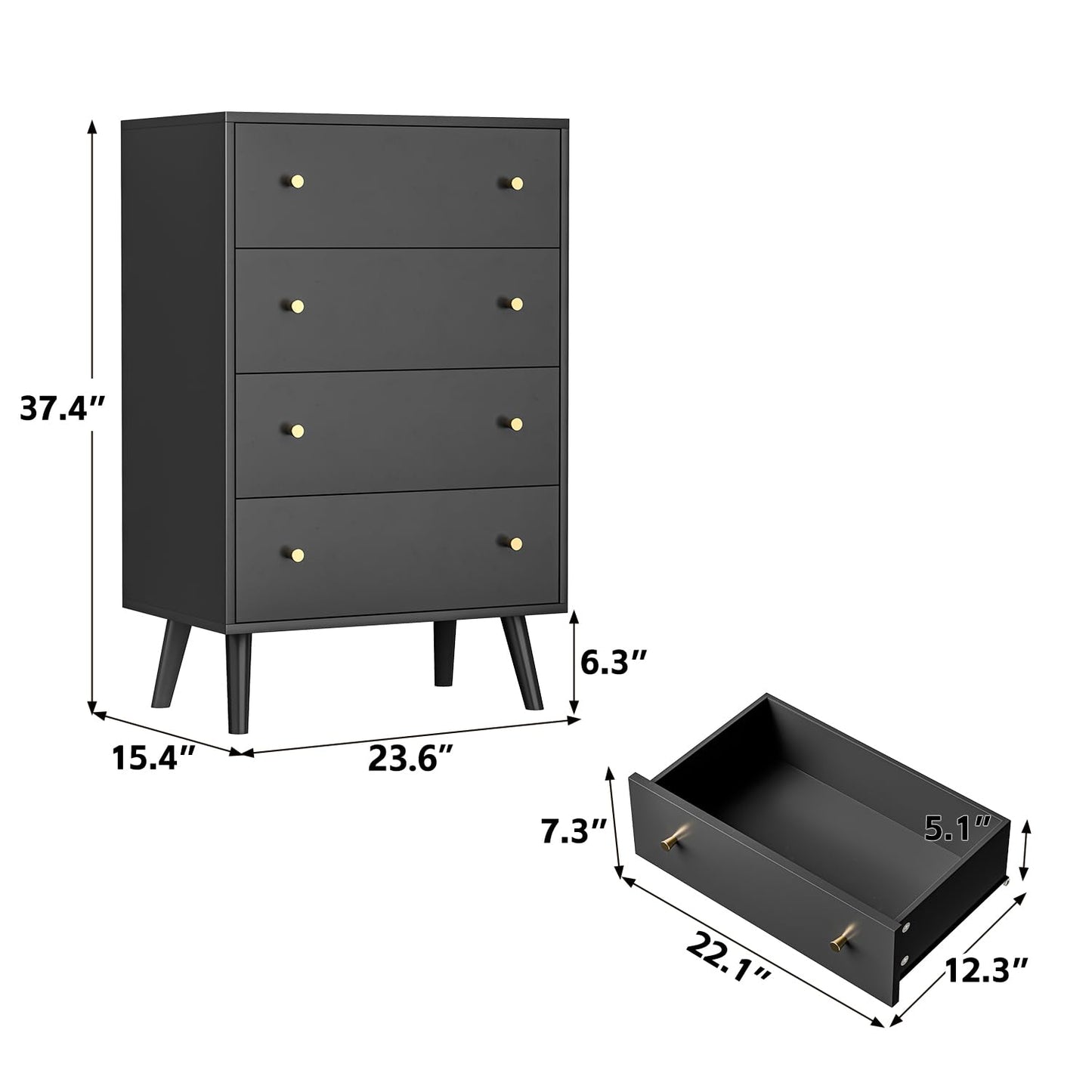 Wananlanen Black Dresser 4 Drawer, Chest of Drawers for Bedroom, Modern Black Dresser with Gold Handles for Bedroom