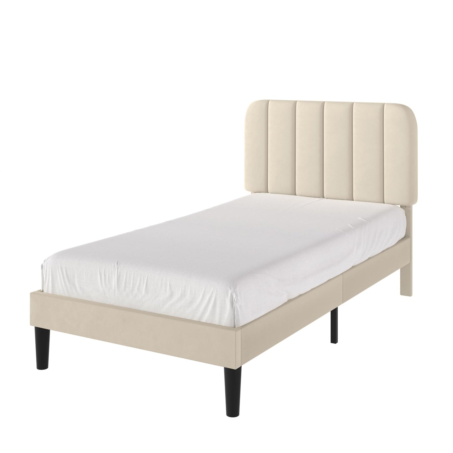 VECELO Twin Size Bed Frame with Upholstered Headboard, Velvet Platform Bedframe Mattress Foundation, Strong Wood Slat Support, No Box Spring Needed,Velvet Beige