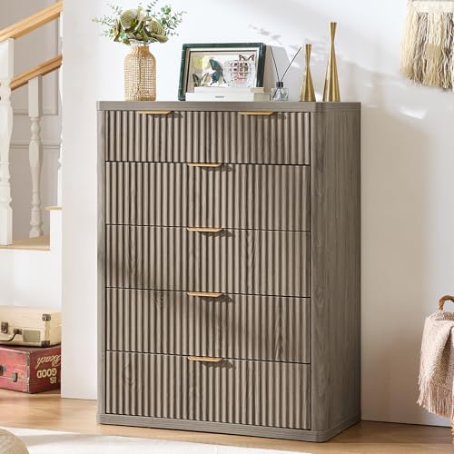LEYAOYAO Fluted 6 Drawers Dresser for Bedroom, 43" Tall Modern Chest of Drawers with Metal Handle, Curved Profile Design,Grey Wood Drawer Organizer for Bedroom, Living Room, Hallway, Entryway