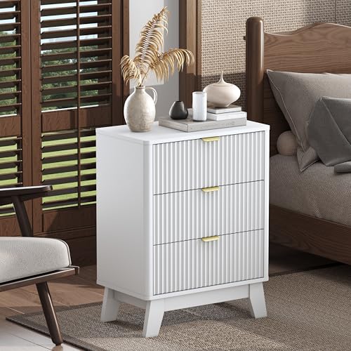 Wodeer 24" Wide Fluted Nightstand Set of 2, Wood White Nightstands with 3 Drawers & Metal Handles, Modern Bedside Table End Tables for Bedroom, Farmhouse Night Stand Set of 2 for Bedroom