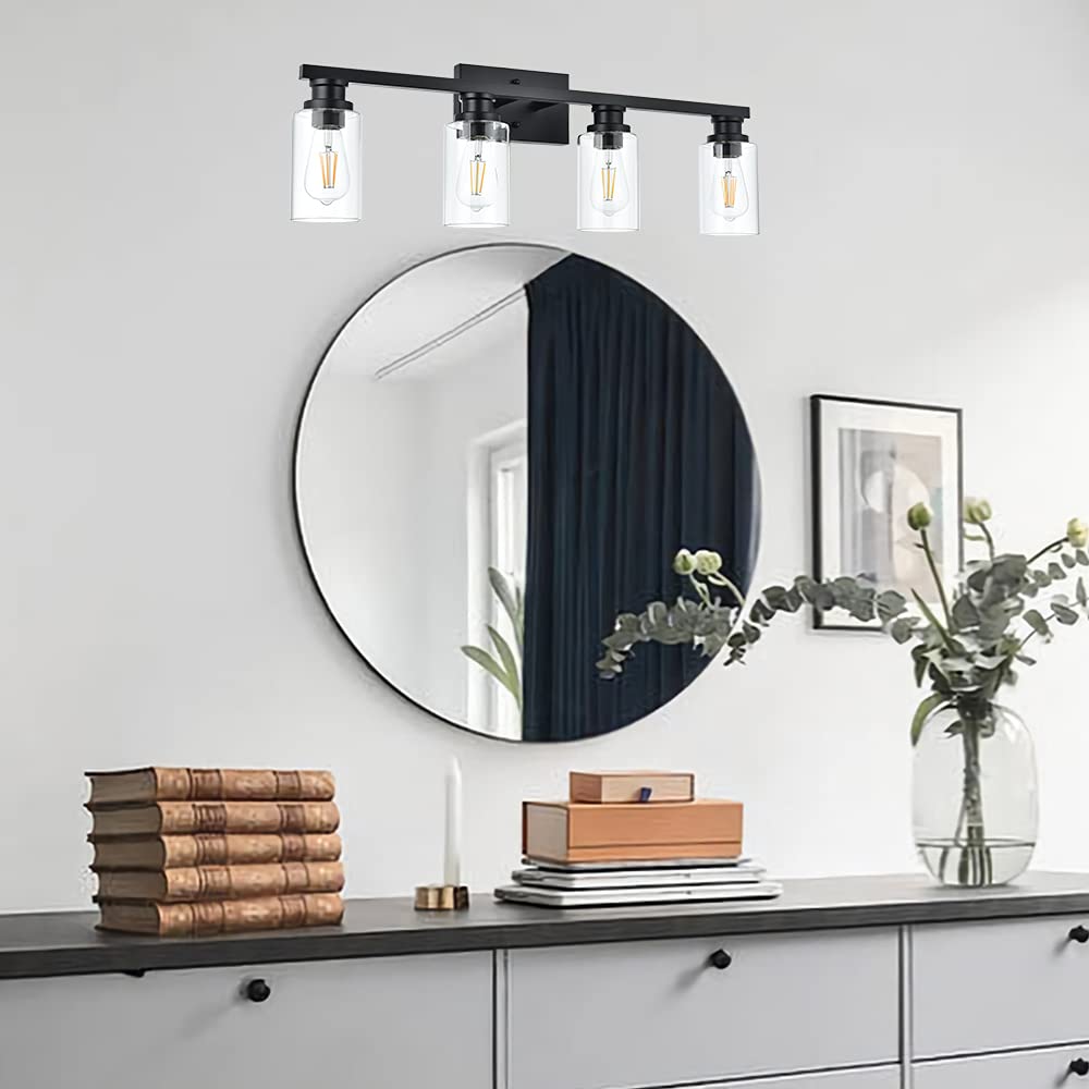 VINLUZ Industrial Indoor 4 Light Bathroom Vanity Light Black Wall Sconces with Clear Glass Shade,Classic Wall Lamp Lighting Fixture for Bathroom, Dressing Table