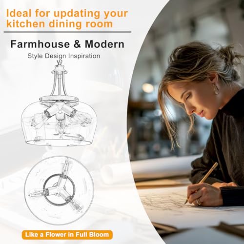 14.2" Black Chandelier, 3-Light Modern Ceiling Pendant Light Fixtures, Farmhouse Dining Room Light Fixtures Over Table, Industrial Pendant Lights Kitchen Island for Bedroom, Hallway, Foyer, Entryway