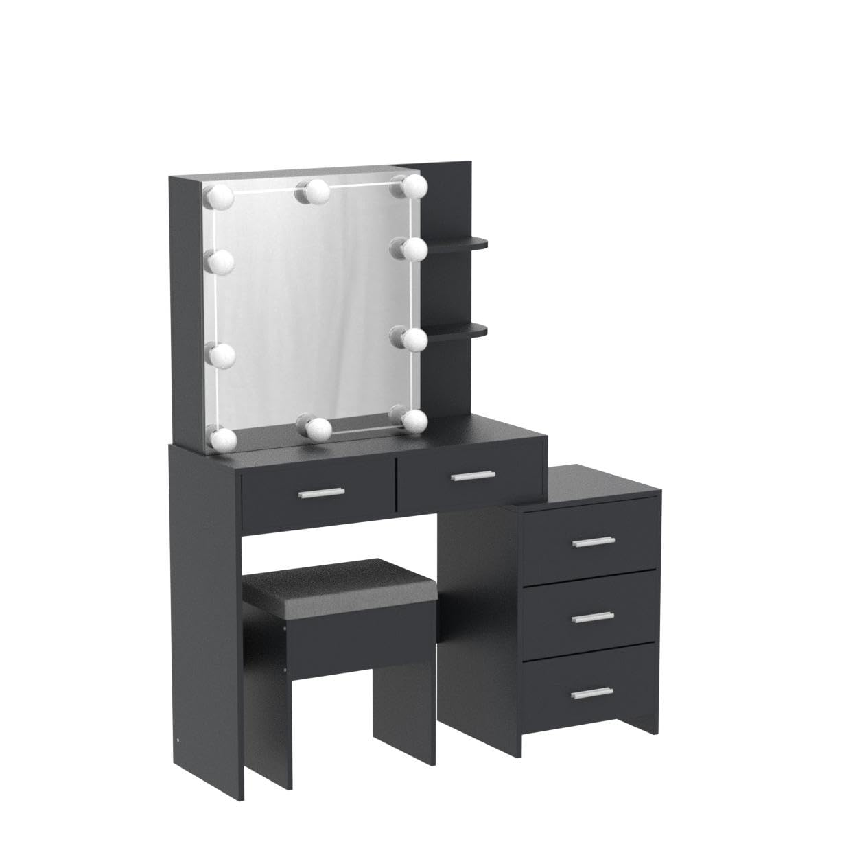 Karl home Lighted Vanity Desk with Sliding Mirror Black Makeup Table with 5 Drawers, Storage Shelves, Cushioned Stool, LED Dressing Table Set for Women