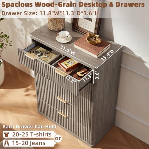 LEYAOYAO Fluted 6 Drawers Dresser for Bedroom, 43" Tall Modern Chest of Drawers with Metal Handle, Curved Profile Design,Grey Wood Drawer Organizer for Bedroom, Living Room, Hallway, Entryway