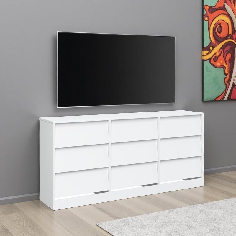 XSUQGP 9-Drawer Dressers for Bedroom,Wooden Dresser TV Stand,Storage Cabinet Drawers Handle Free,Modern Chest of Drawer Organizer Unit for Hallway,Living Room,White