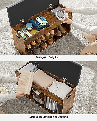 VASAGLE CUSTOS Collection - Storage Bench with Cushion, Shoe Bench, Padded Seat, Hidden Storage, Entryway, Hold up to 300 lb, 11.8 x 31.5 x 17.3 Inches, Rustic Brown and Ink Black ULHS30BX