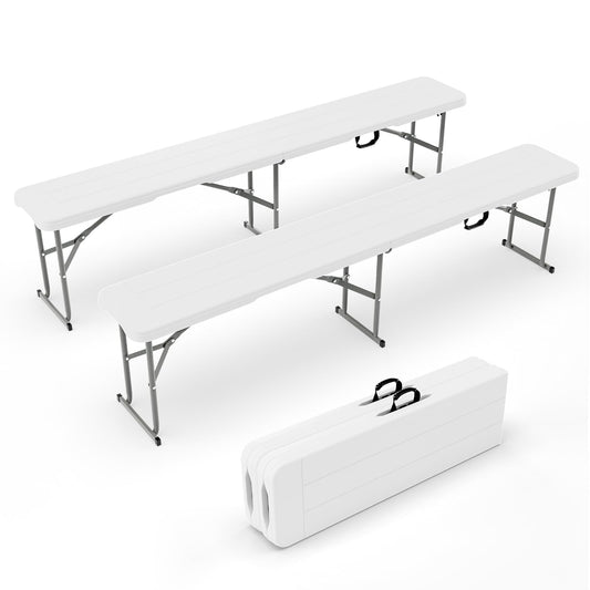 VINGLI 6 feet Plastic Folding Bench,Portable in/Outdoor Picnic Party Camping Dining Seat, Garden Soccer Multipurpose Entertaining Activities, Smooth HDPE Tabletop, 2 Pack, White