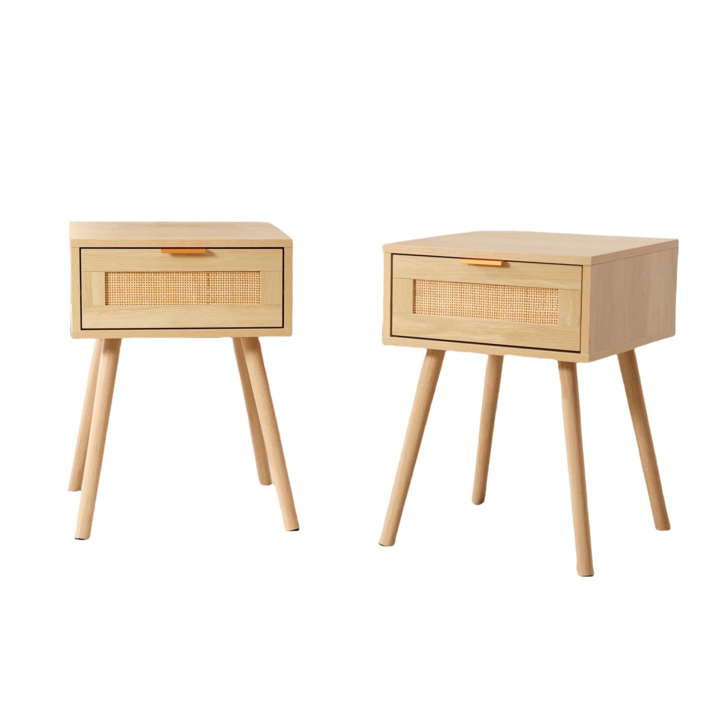 FUQARHY Rattan Nightstand Set of 2, Boho Side Table with Drawer, Mid Century Modern, End Table with Wood Legs for Bedroom, Dorm and Small Spaces