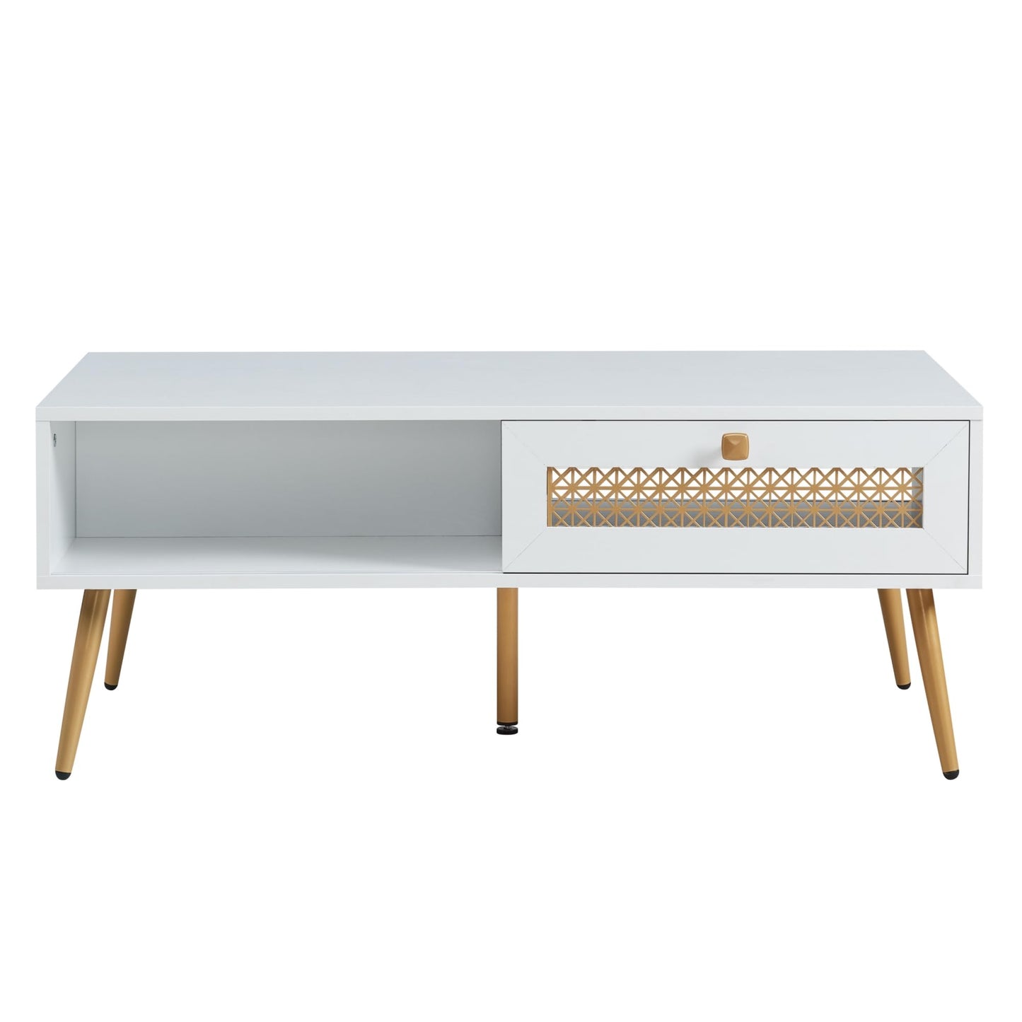 Wooden Mid Century Modern Coffee Table, Retangle Coffee Table with Sliding Door for Living Room, White