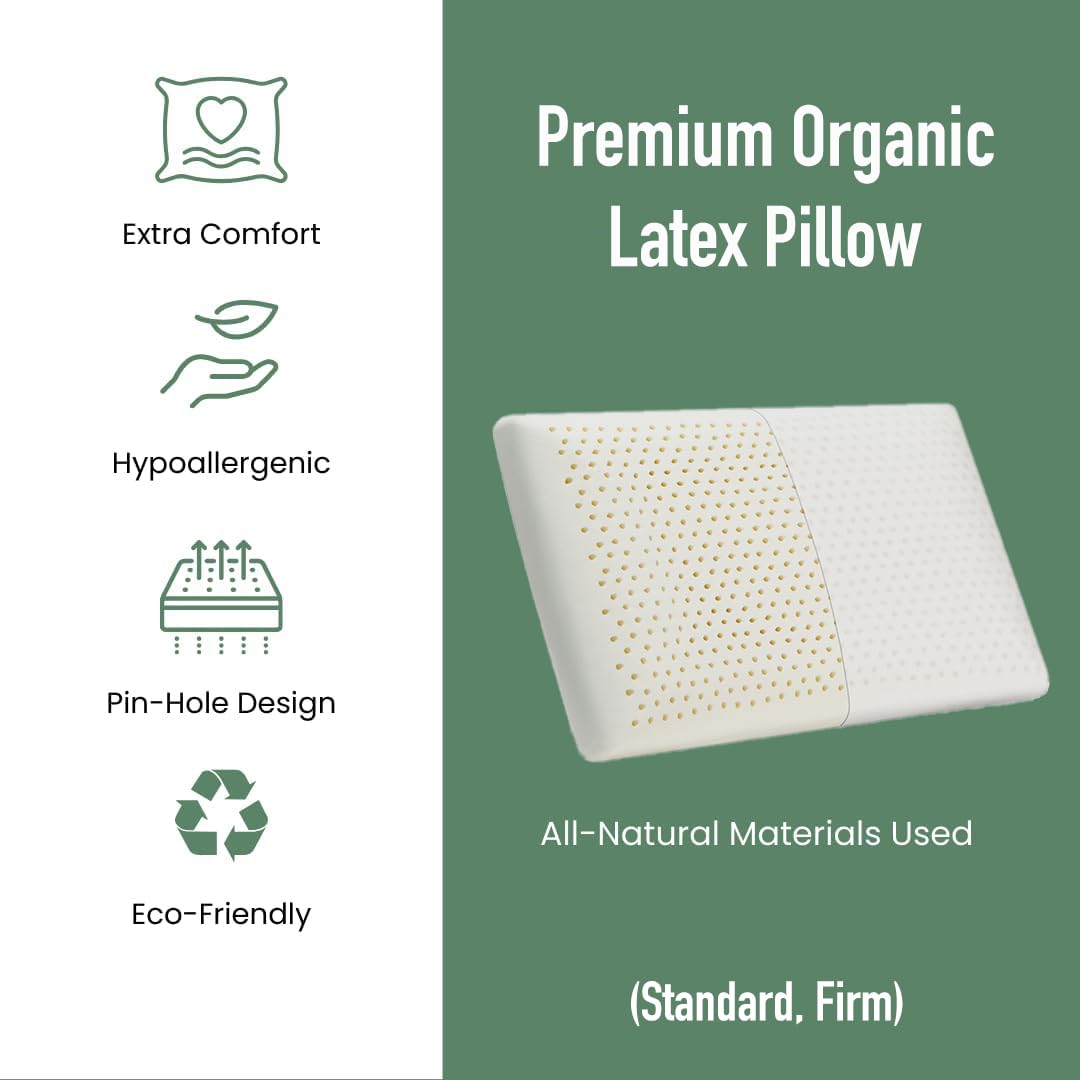 100% Natural Latex Pillow with Removable Cotton Cover (Standard, Firm), Strong Support Travel Pillow, Premium Bed Pillow for Sleeping, Neck Pain Relief Help, Head Support for Side Back Stomach Sleeper