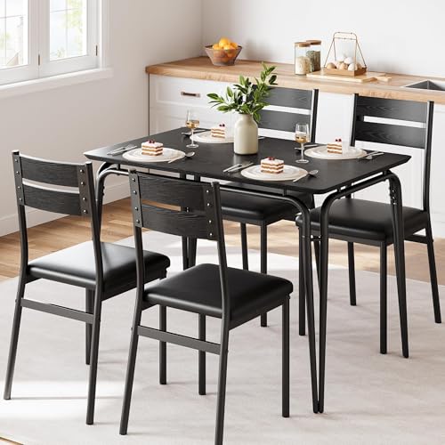 5 Piece Dining Table Set for 4, Compact Square Table Chairs, Sturdy MDF Top, Metal Frame, Space-Saving Breakfast Set for Kitchen, Apartment, Office, Easy Assembly Wipe-Clean