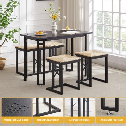 VECELO 43.3" Dining Table Sets, Farmhouse Small Kitchen Table for 4 with 2 Benches Wicker Mats,Metal Frame Space-Saving Adjustable Feets Coffee Table for Home Kitchen Dining, Pitch Black