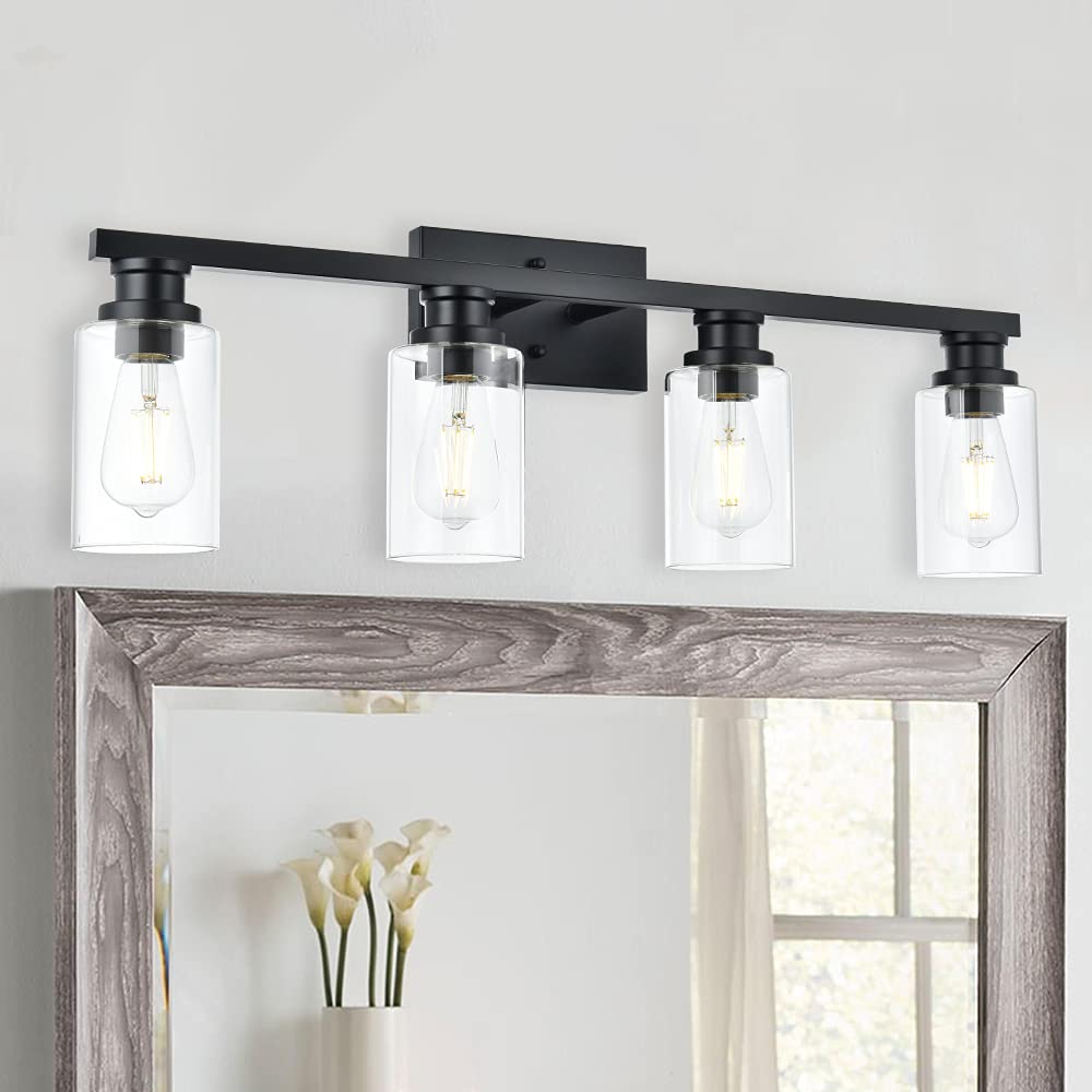 VINLUZ Industrial Indoor 4 Light Bathroom Vanity Light Black Wall Sconces with Clear Glass Shade,Classic Wall Lamp Lighting Fixture for Bathroom, Dressing Table