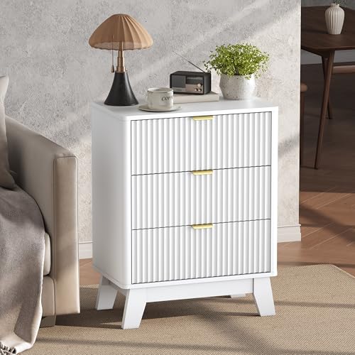 Wodeer 24" Wide Fluted Nightstand Set of 2, Wood White Nightstands with 3 Drawers & Metal Handles, Modern Bedside Table End Tables for Bedroom, Farmhouse Night Stand Set of 2 for Bedroom