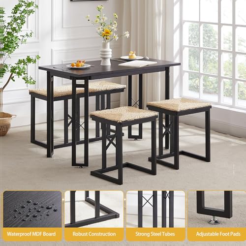 VECELO 43.3" Dining Table Sets, Farmhouse Kitchen Table for 4 with 3 Seats & Wicker Seat Cushions,Metal Frame Space-Saving Adjustable Feets Coffee Table for Home Kitchen Dining, Pitch Black