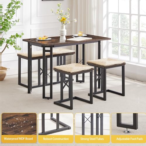 VECELO 43.3" Farmhouse Dining Table Sets, Kitchen Table for 4 with 3 Seats & Wicker Seat Cushions,Metal Frame Space-Saving Adjustable Feets Coffee Table for Home Kitchen Dining, Dark Brown