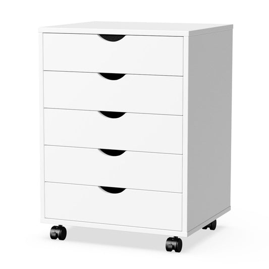 Whitmor 5-Drawer Wood Dresser with Wheels, Mobile Storage Cabinet for Home Office, Small Rolling Chest Organizer for Bedroom, Closet, Under Desk or Room Organization, White