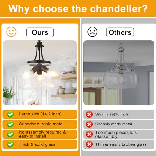 14.2" Black Chandelier, 3-Light Modern Ceiling Pendant Light Fixtures, Farmhouse Dining Room Light Fixtures Over Table, Industrial Pendant Lights Kitchen Island for Bedroom, Hallway, Foyer, Entryway