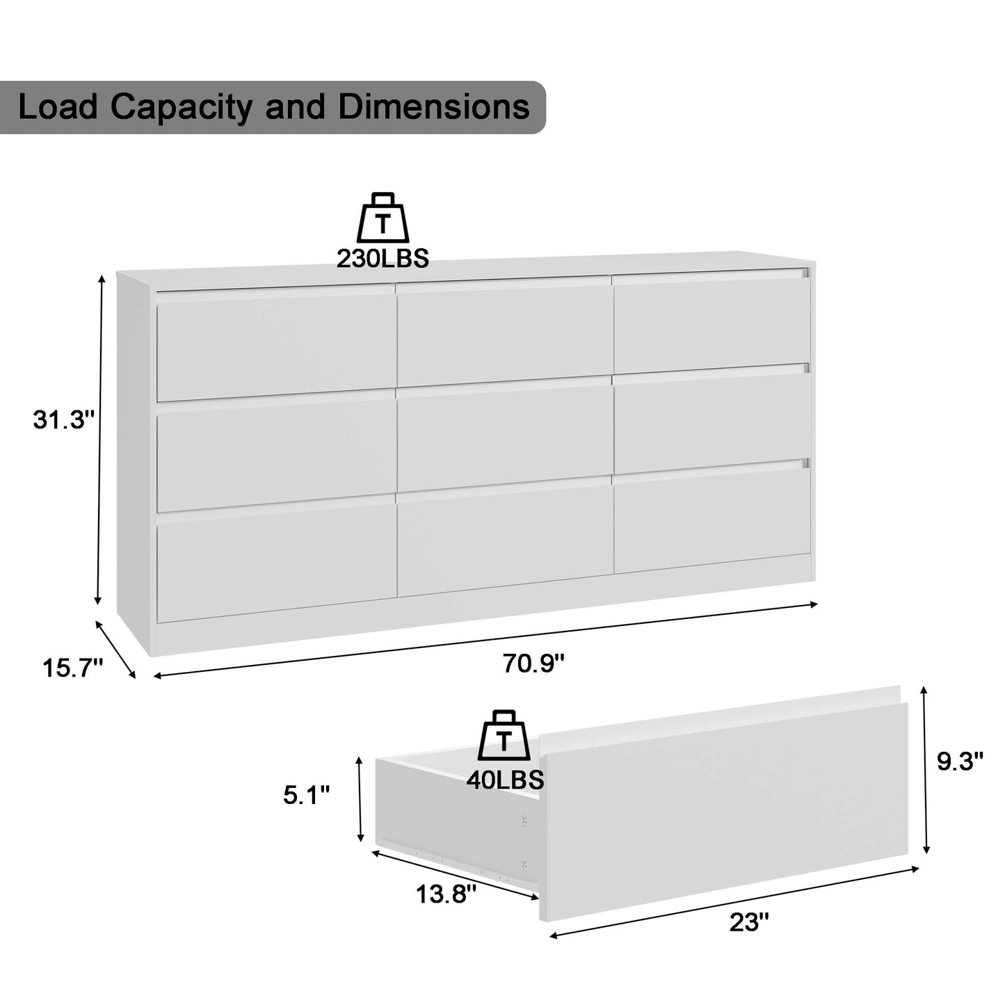 70.9” Dresser for Bedroom with 9 Drawers, Large Modern Chest of Drawers with Deep Drawers, Wide Double Dresser Handle Free, Storage Organizer for Bedroom, Living Room, Hallway (White)