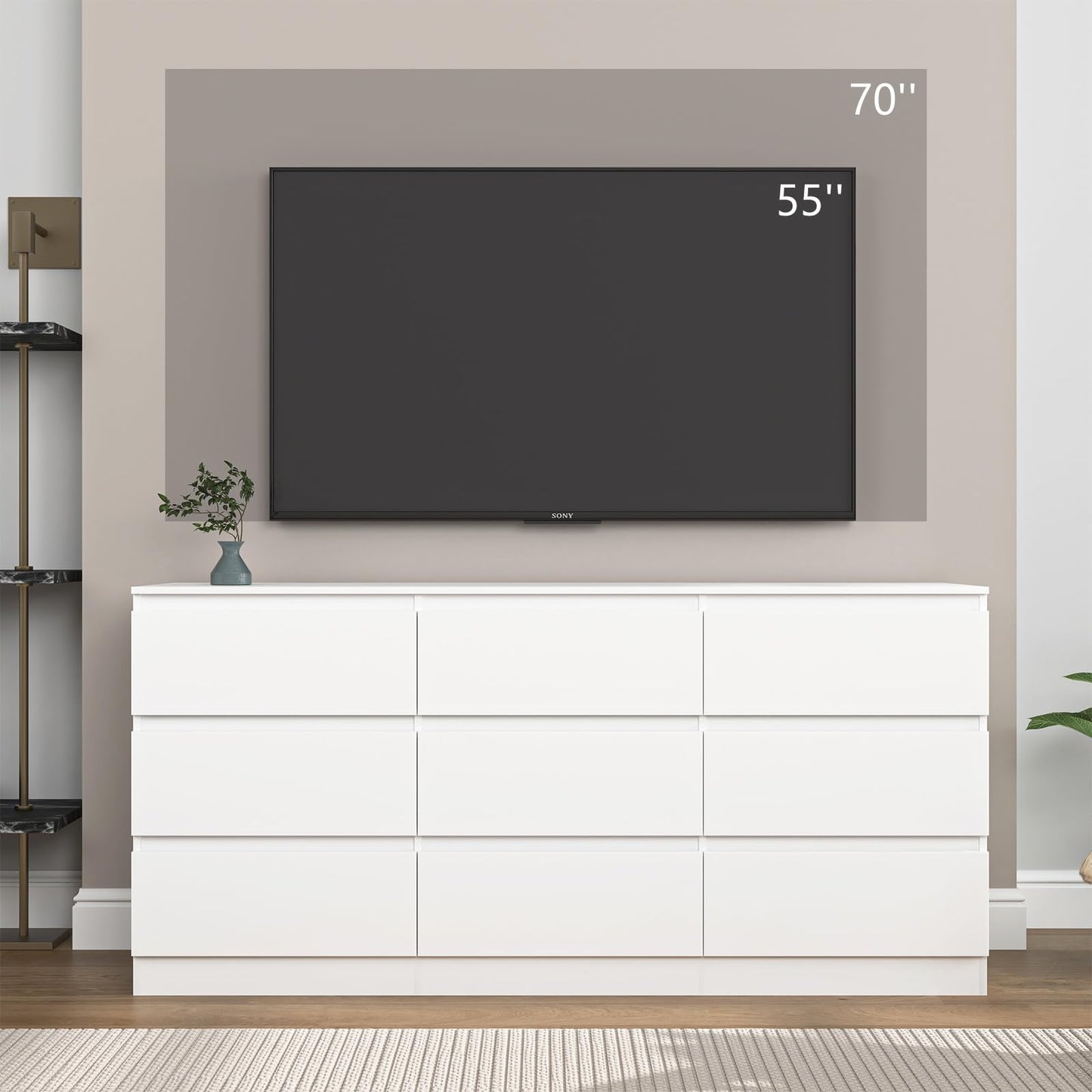 VERYKE White Dresser for Bedroom,Modern Long 9 Drawer Dresser with Deep Drawer,Large Storage Chest of Drawers,Wide Wood Bedroom Storage Furniture,TV Stand for Living Room