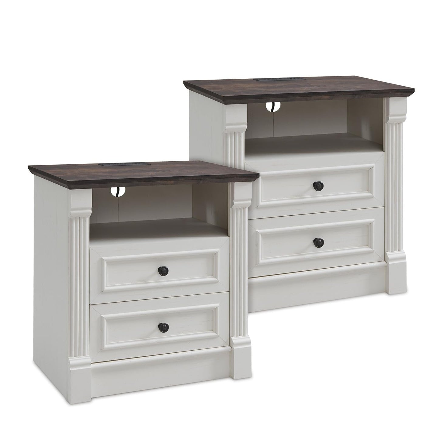 26" Tall Farmhouse Nightstand Set of 2, 2 Drawers End Table w/Charging Station, 23.6" Wide Large Side Table w/Roman Column, Wood Rustic Sofa Table w/Open Shlef, Bedside Table for Bedroom, White