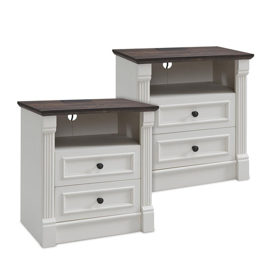 26" Tall Farmhouse Nightstand Set of 2, 2 Drawers End Table w/Charging Station, 23.6" Wide Large Side Table w/Roman Column, Wood Rustic Sofa Table w/Open Shlef, Bedside Table for Bedroom, White