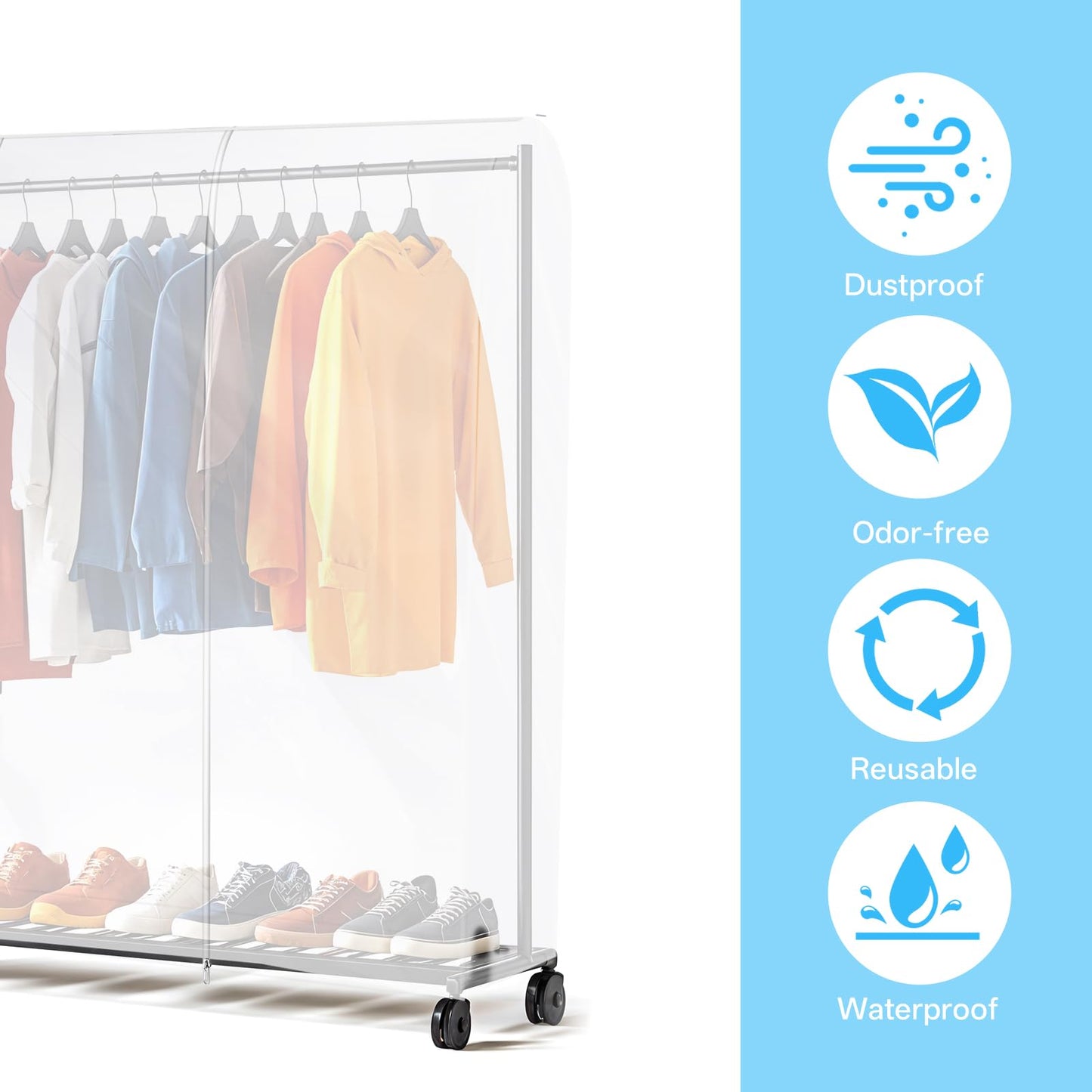 Translucent Clothes Rack Cover 6Ft Garment Rack Cover Clothing Rack Cover With 2 Durable Zipper Waterproof Clothes Protector for Garment Rack (71"L x 20"W x 60"H, Rack Not Included)