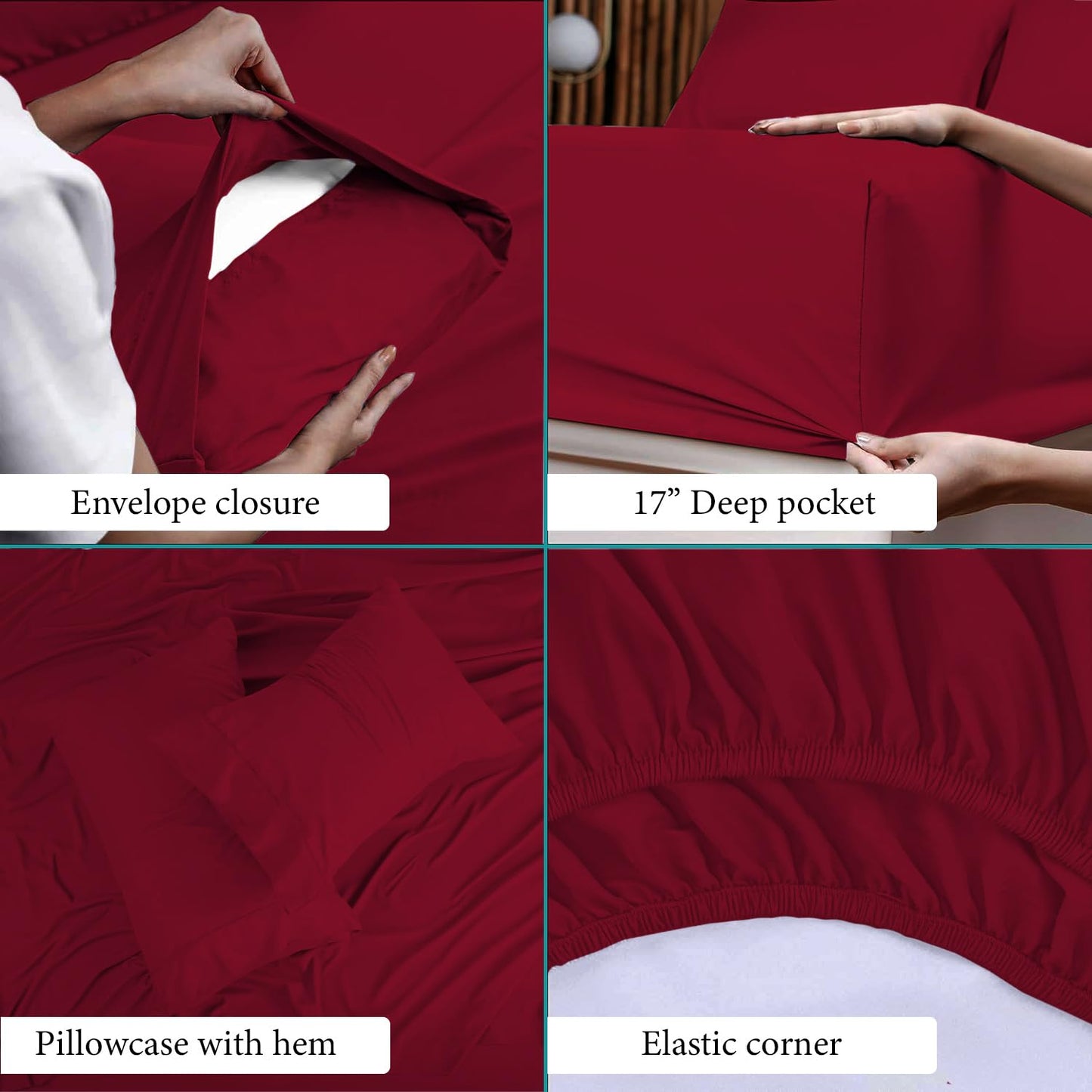 100% Egyptian Cotton Sheets Queen Size High Thread Count 4 Piece Luxury Queen Bed Sheet Set Breathable Cooling Sheets Deep Pockets Fit up to 17" Mattress Soft Sateen Weave Bedding Sheet Burgundy