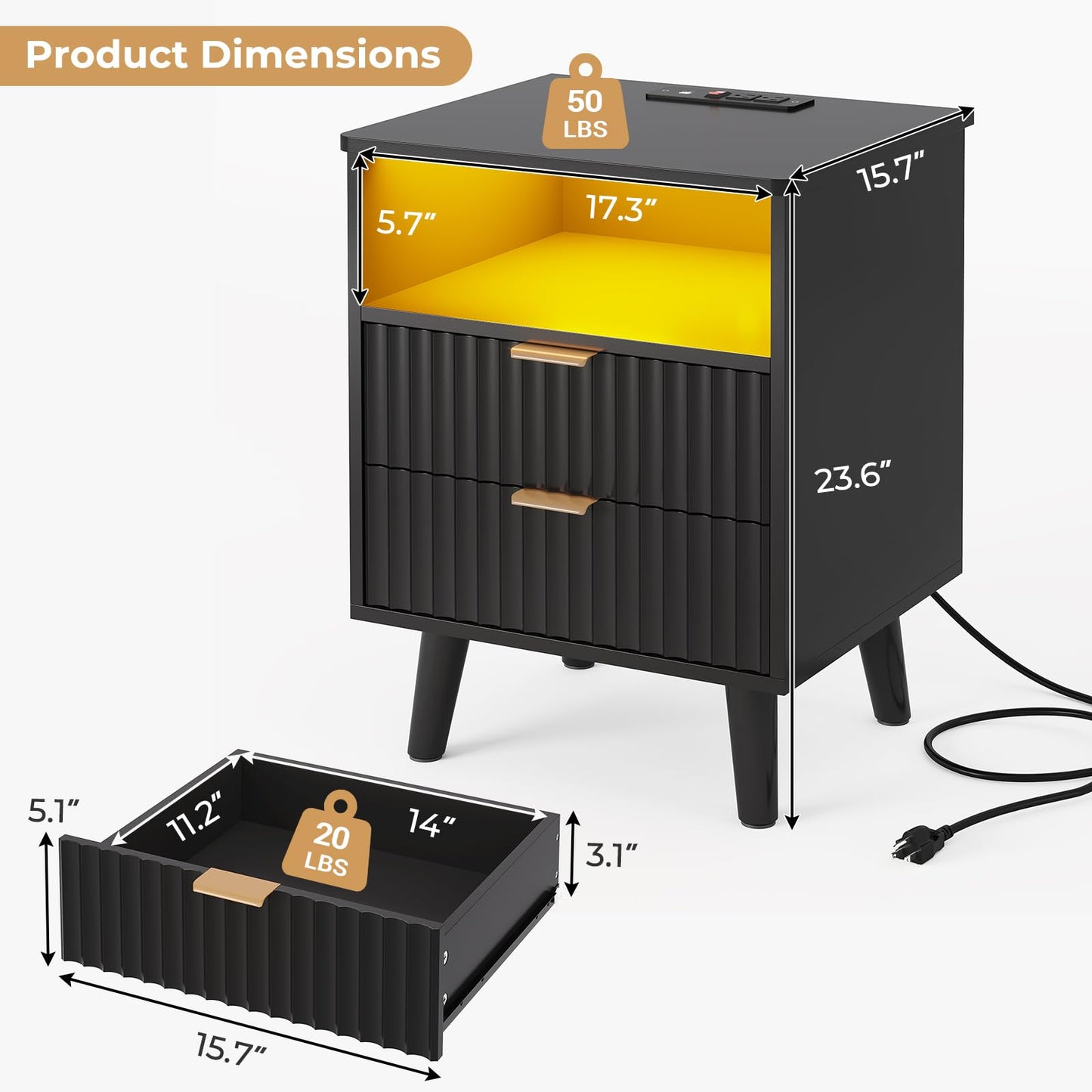 VIAGDO Fluted Nightstand with Charging Station and LED Lights, Modern Night Stand with 2 Drawers and Open Storage Cabinet, Bed Side Table with Gold Metal Handle for Bedroom, Black