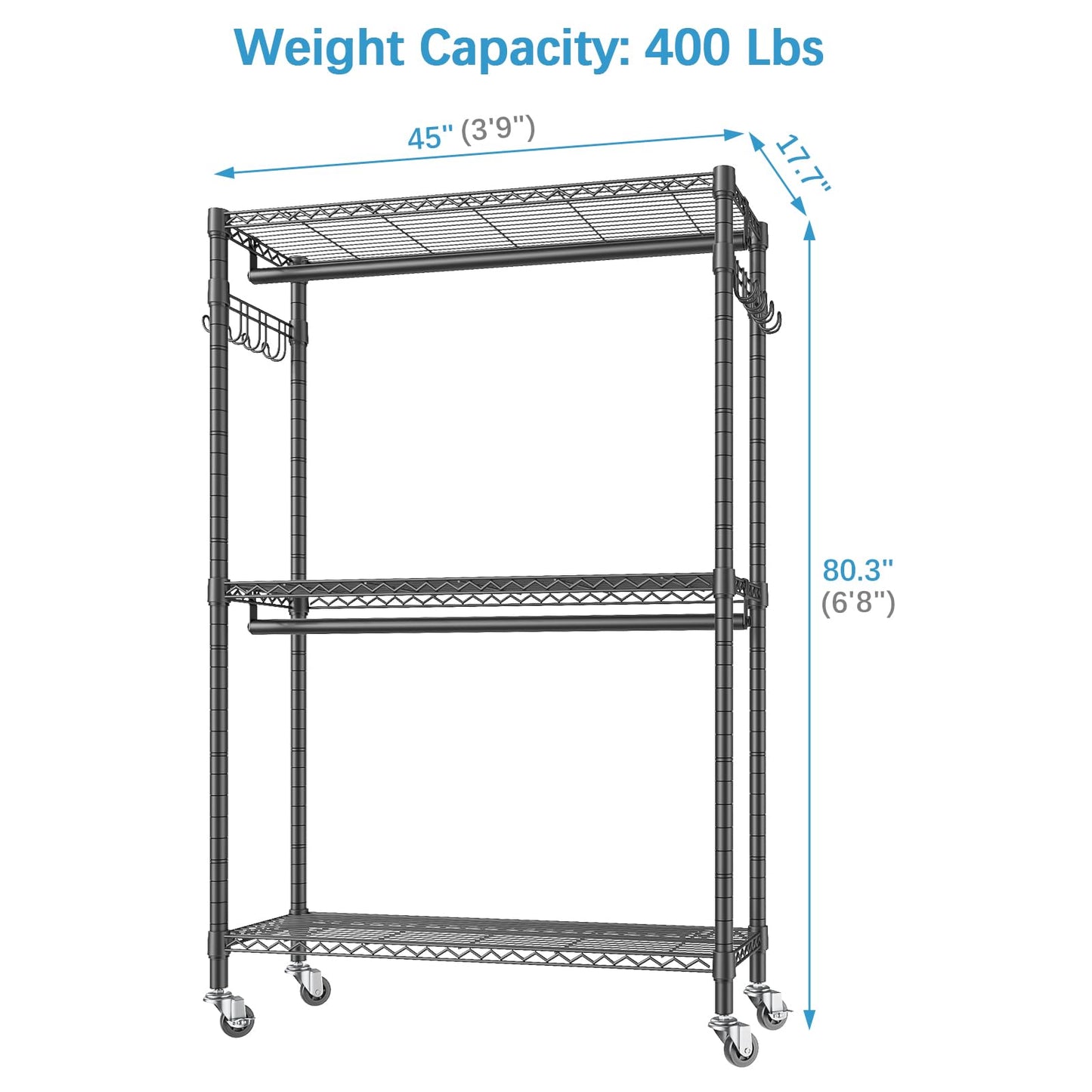 VIPEK R2 Plus Heavy Duty Rolling Garment Rack 3 Tiers Adjustable Wire Shelving Clothes Rack with Double Rods and Side Hooks, Freestanding Wardrobe Storage Rack Metal Clothing Rack, Black