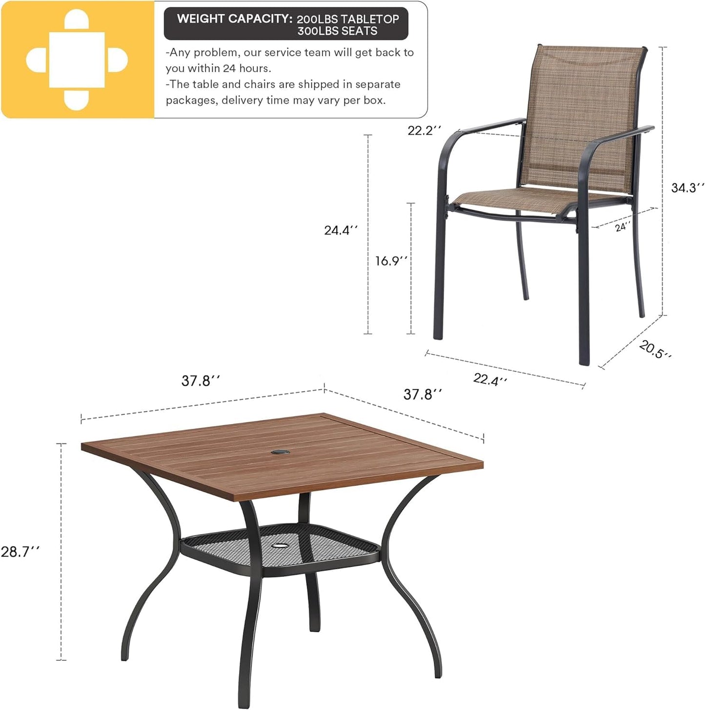 VICLLAX 5 Pieces Patio Dining Set, Outdoor Furniture Set Includes 37.8" Square Outdoor Table and 4 Stackable Patio Sling Chairs, Walnut Tabletop and Brown Fabric