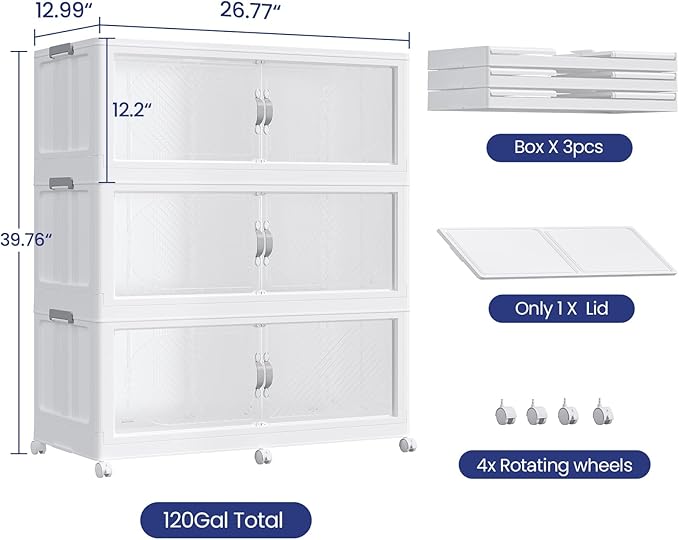 90GAL Plastic Storage Bins with Lid, 360QT Extra Large Stackable Closet Organizers and Storage, Collapsible Storage Boxes with Wheels, Folding Cabinet for Home Kitchen Office, 3Pack White
