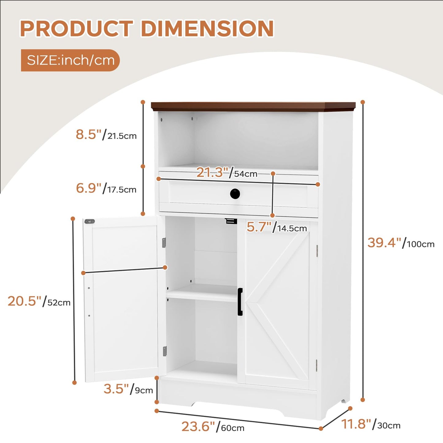 Viroformo White Floor Cabinet, Farmhouse Storage Cabinet with Barn Doors and Drawer, Freestanding Adjustable Shelf Cabinets for Bathroom, Kitchen, Living Room