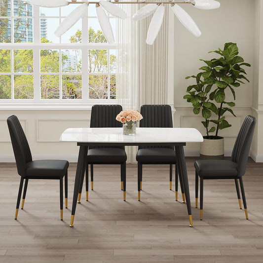 WEKEOT 50" White Marble Dining Table Set for 4 - Sintered Stone Tabletop & 4 Upholstered PU Leather Chairs - Modern Dining Room Set for Small Spaces (1 White Table + 4 Black Chairs)