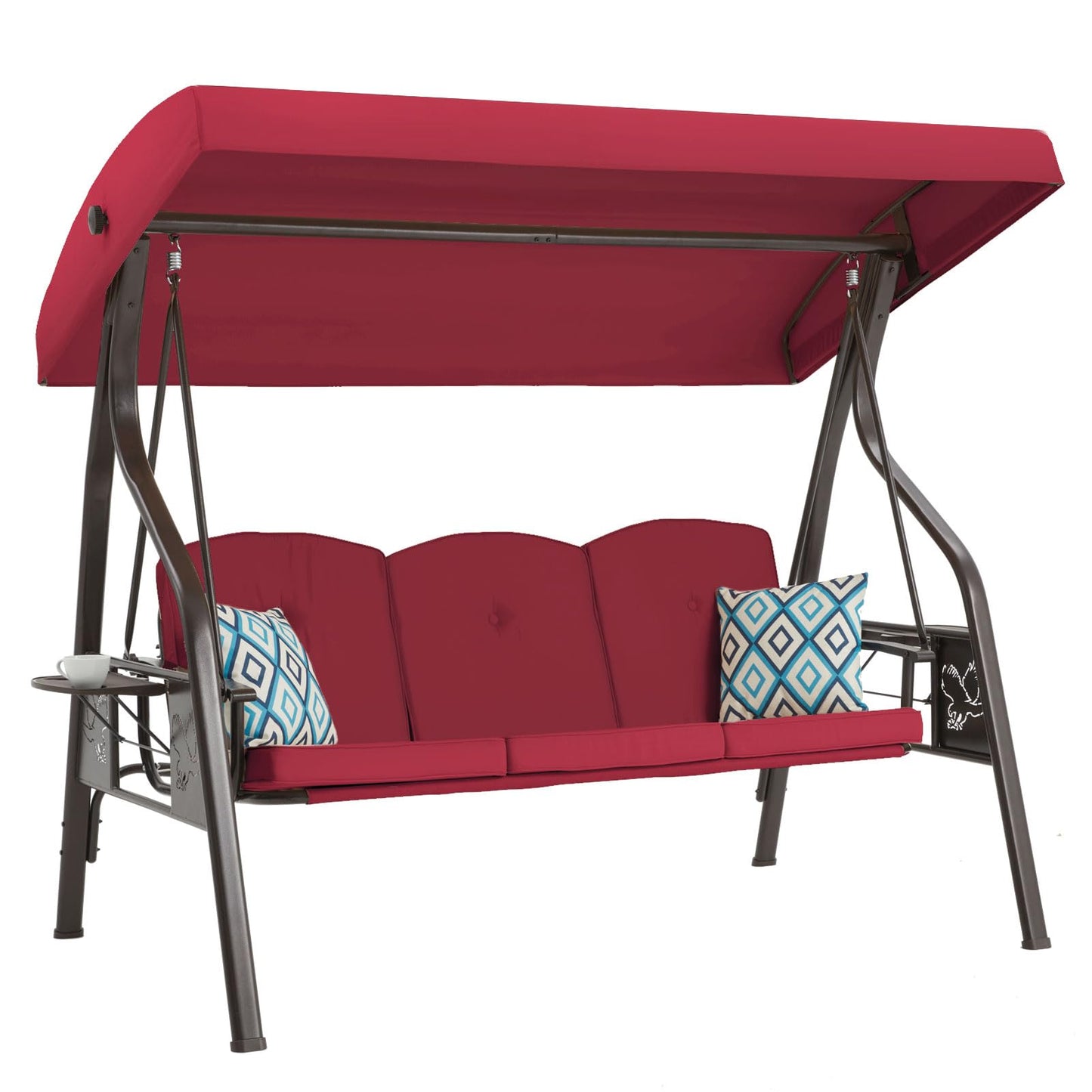 ZZW 3-Seat Outdoor Porch Swing with Stand, Patio Swing with Canopy, 2 in 1 Porch Swing Bed & Patio Swing Chair for Adult w/Extra Pillows and Cup Holder for Yard (Wine Red)