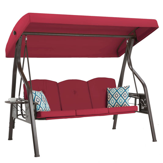 ZZW 3-Seat Outdoor Porch Swing with Stand, Patio Swing with Canopy, 2 in 1 Porch Swing Bed & Patio Swing Chair for Adult w/Extra Pillows and Cup Holder for Yard (Wine Red)