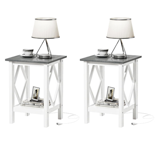 3imothrix Farmhouse End Table Set of 2, Small Side Table with Charging Station, Nightstand Bedside Table with Storage Shelf, USB Ports and Outlets for Small Space Living Room Bedroom