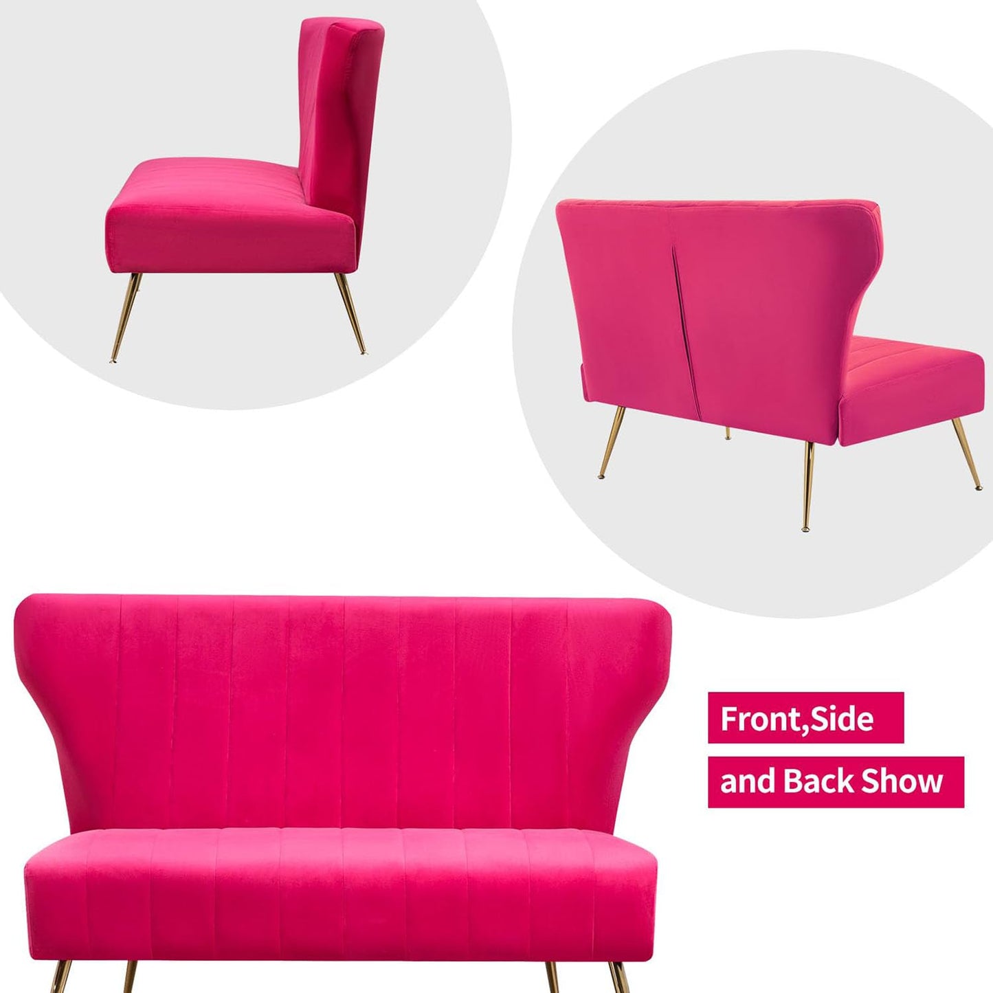 WQSLHX 50’’ Velvet Modern Armless Loveseat Sofa, Upholstered Small Wingback Couch Sofa with Golden Metal Legs, 2 Seater Tufted Couch for Bedroom, Apartment Small Space