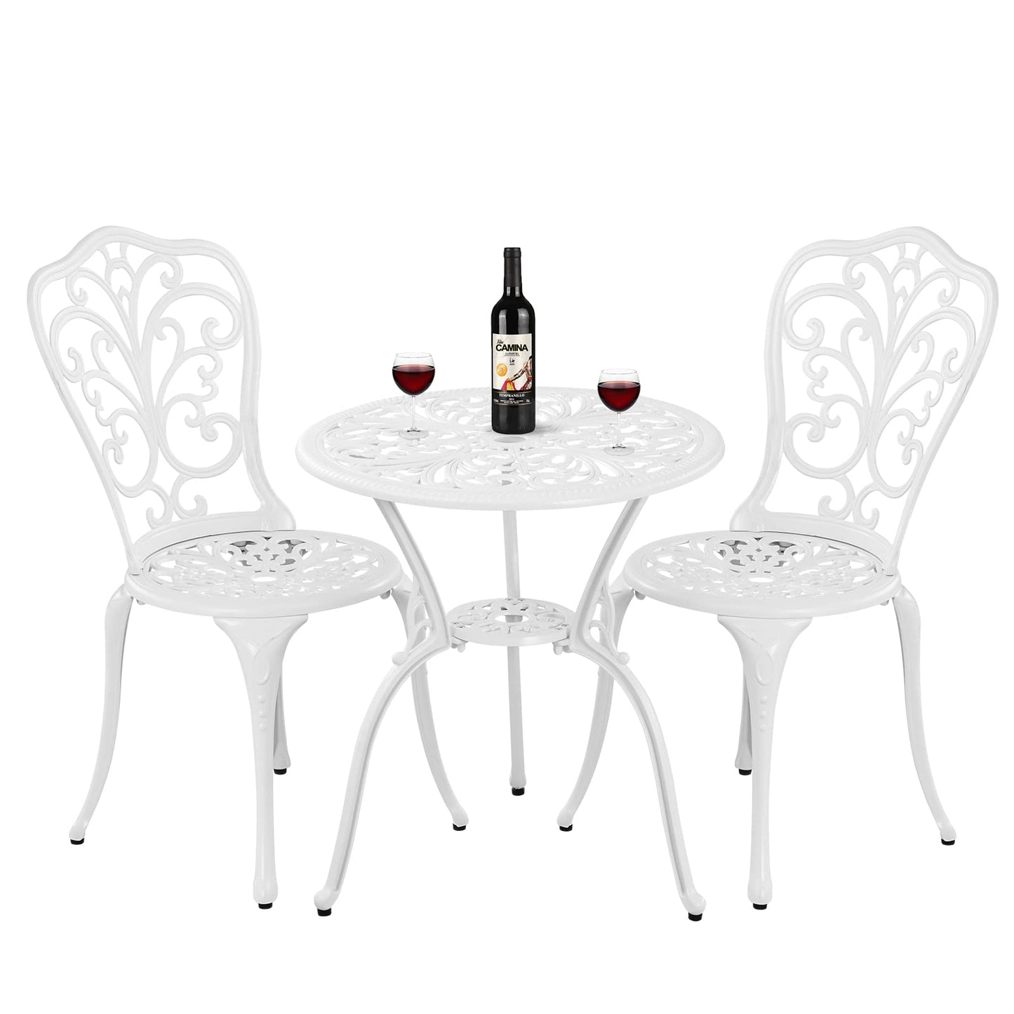 Withniture Bistro Set 3 Piece Outdoor Cast Aluminum Patio Bistro Set with Umbrella Hole, All Weather Bistro Table and Chairs Set, Small Patio Furniture Set for Garden, Porch,White