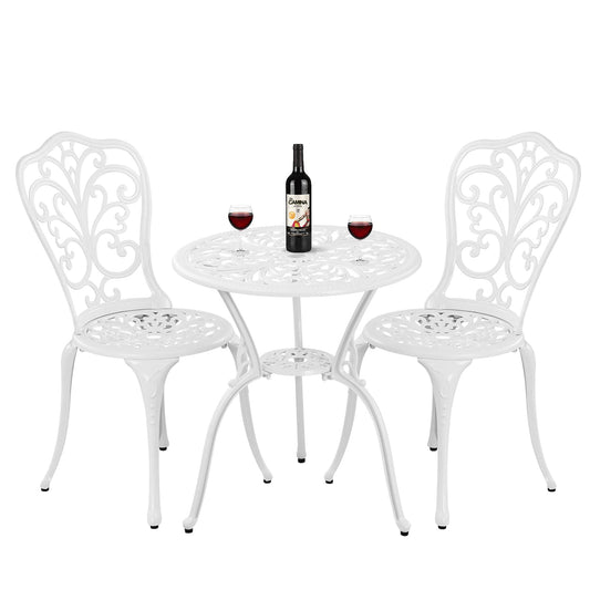 Withniture Bistro Set 3 Piece Outdoor Cast Aluminum Patio Bistro Set with Umbrella Hole, All Weather Bistro Table and Chairs Set, Small Patio Furniture Set for Garden, Porch,White