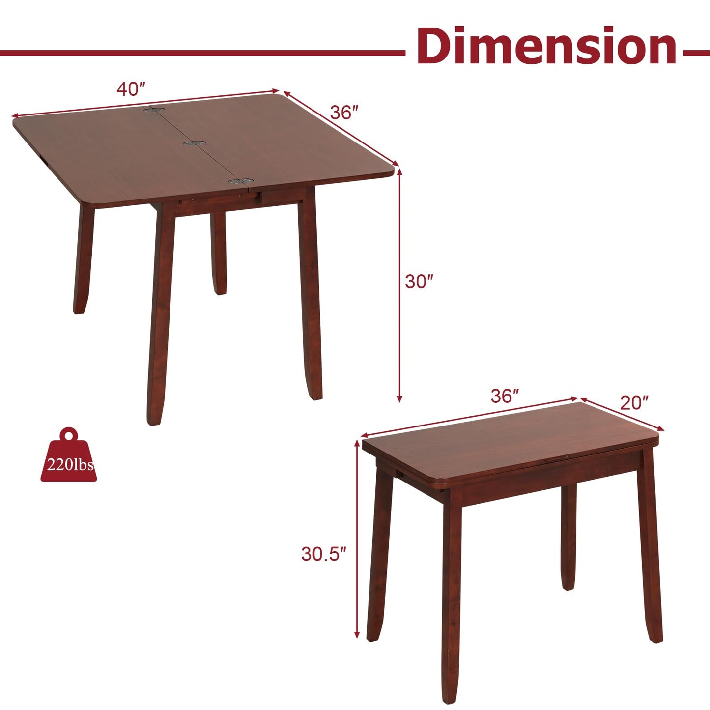 Tangkula 40" Foldable Dining Table, Kitchen Table w/Solid Rubber Wood Legs, Dual Drop Leaf Design, Farmhouse Diner Table for 2-4 People, Dining Room, Living Room, Restaurant (Rectangle)