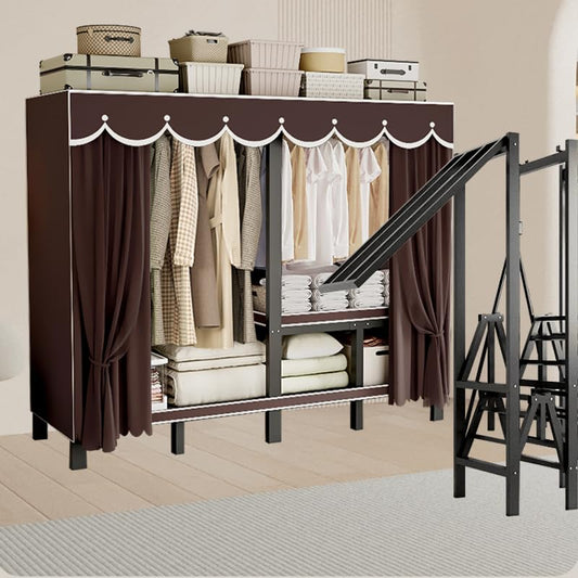 YDEHUEAD 84.5in/7.04ft Foldable Portable Wardrobe Closet with Cover, Heavy Duty Clothing Rack for Hanging Clothes has 59in Vertical Storage Space, Coffee Metal Garment Rack (c, L:84.46")