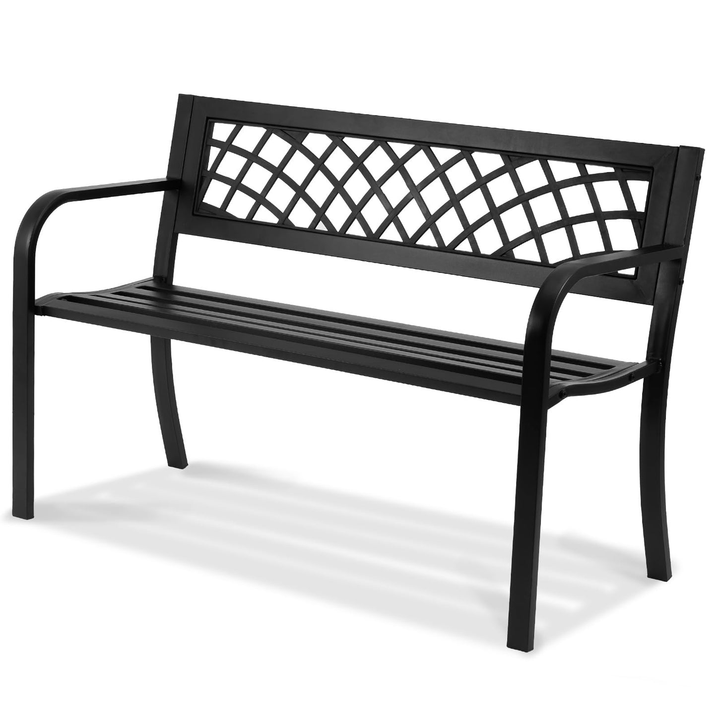 VEVOR Outdoor Bench, 46" Iron Steel Frame Garden Park Bench with Mesh Pattern and Plastic Backrest Armrests, Patio Bench for Garden, Park, Yard, Front Porch