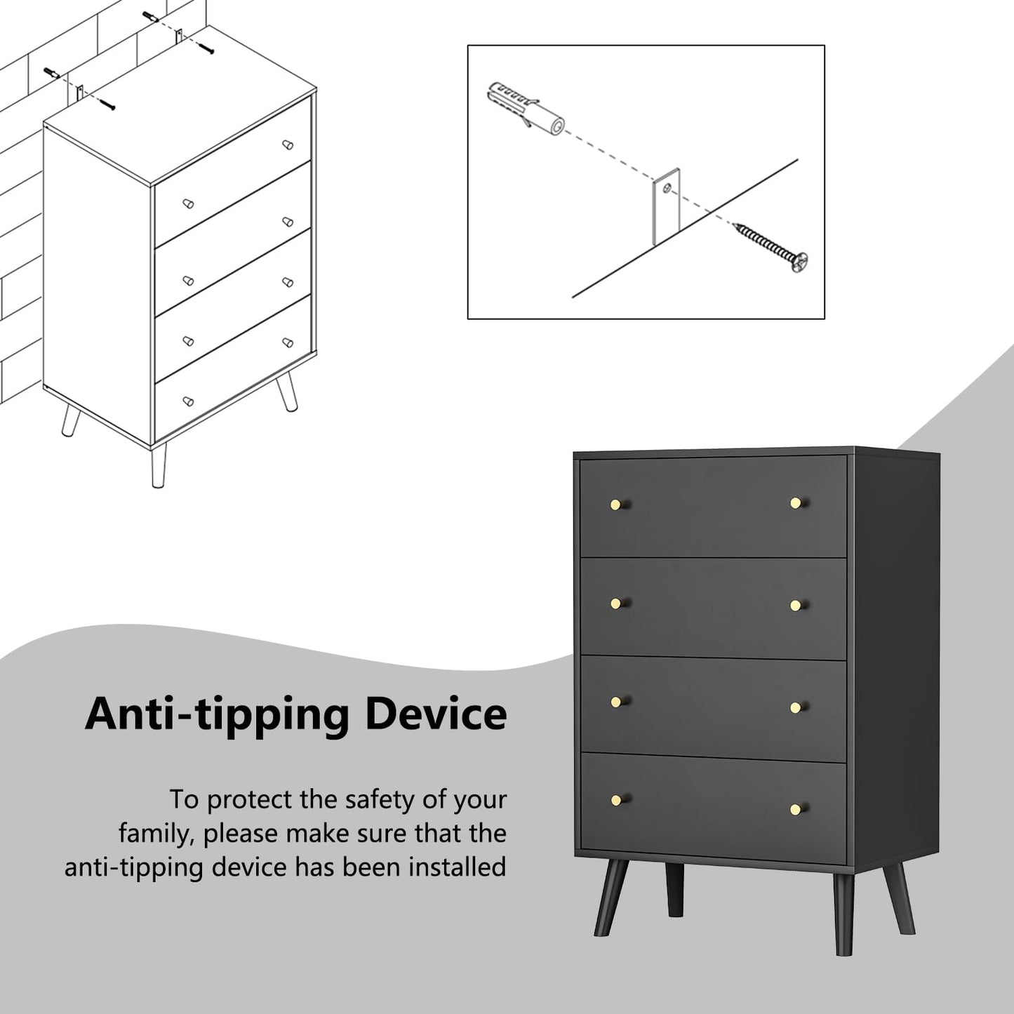 Wananlanen Black Dresser 4 Drawer, Chest of Drawers for Bedroom, Modern Black Dresser with Gold Handles for Bedroom