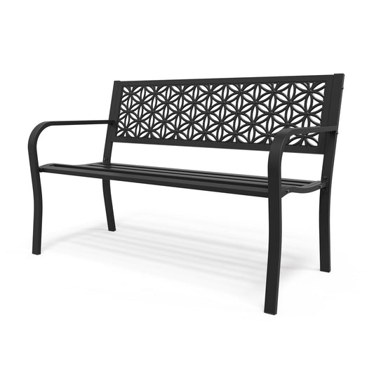VINGLI 50" Outdoor Bench Metal with Floral Back, Garden Bench Front Porch Benches for Yard Patio Entryway Park Outside, 800lb Capacity - Black