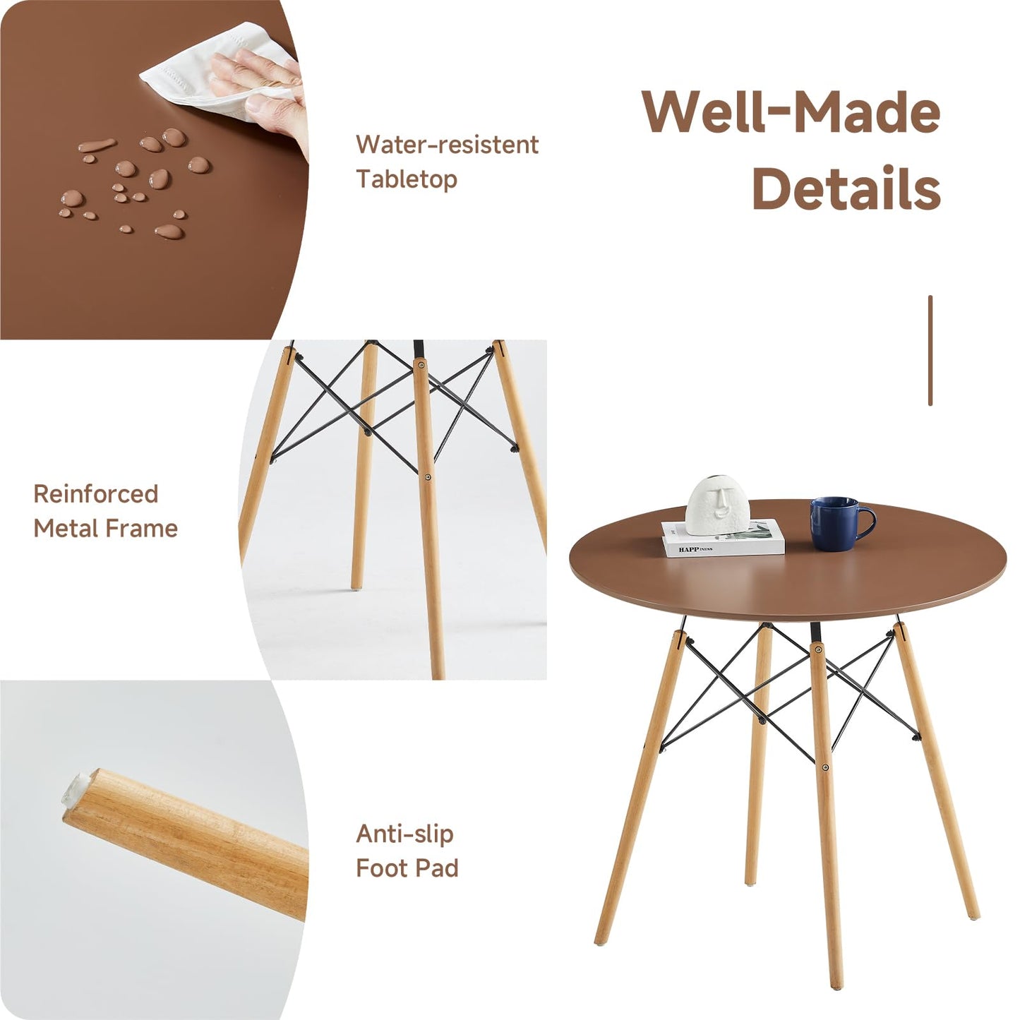 Yuqunfur Round Dining Table Set for 4 35.5" Wood Dinner Table Circle Dining Table Kitchen Table Chairs Set of 4 with Wood Strip Base for Kitchen Living Room Space Saving Apartment(Brown)