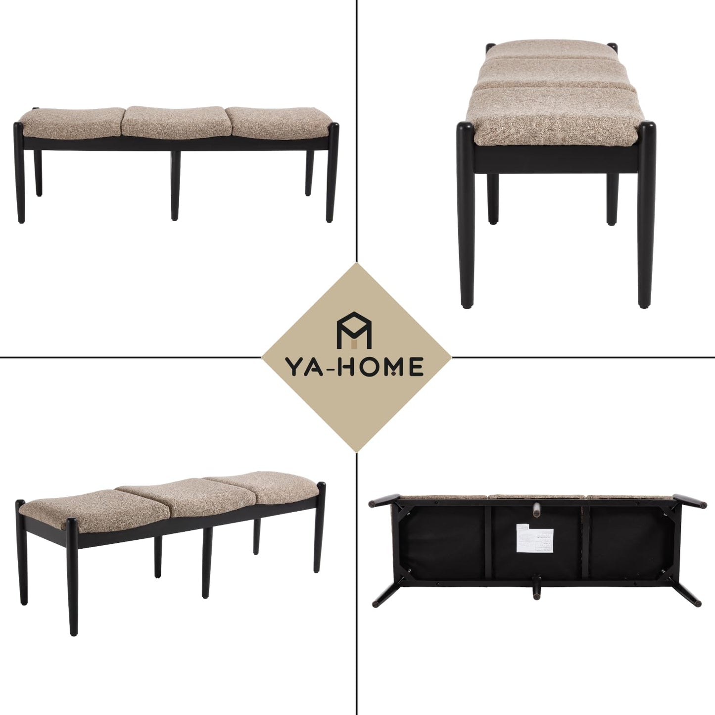 Ya-Home Modern Entryway Bench, Linen Upholstered Bedroom Bench End of Bed Bench, Window Bench with Padded Seat Black Wood Legs for Living Room/Dining Room, 54 Inches Long, Khaki