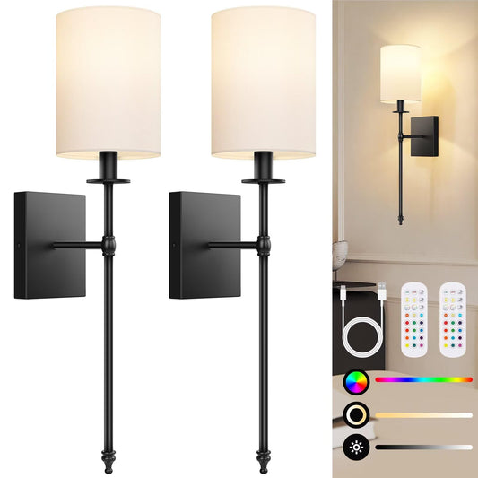 24.8 Inch Black Battery Operated Wall Sconces Set of 2, Rechargeable Wireless Wall Lights with Remote & White Fabric Shade, Indoor Not Hardwired Dimmable Wall Lamps For Bedroom, 2 Bulbs Included